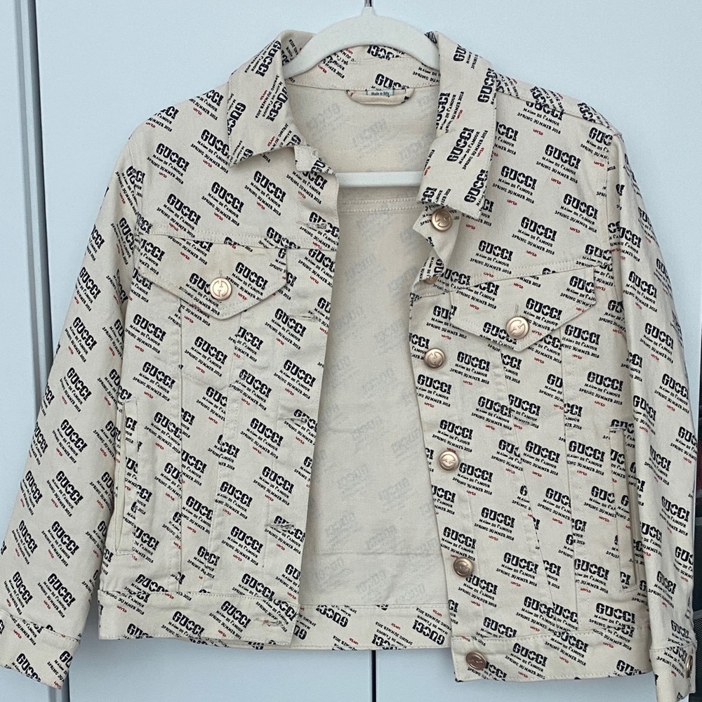 Gucci Beige Logo-Print Denim Jacket with Gold Buttons